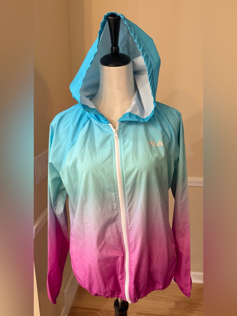 🩵🩷💜 Y2K Fila Ombre Hooded Aqua Pink Purple Windbreaker Jacket - size M